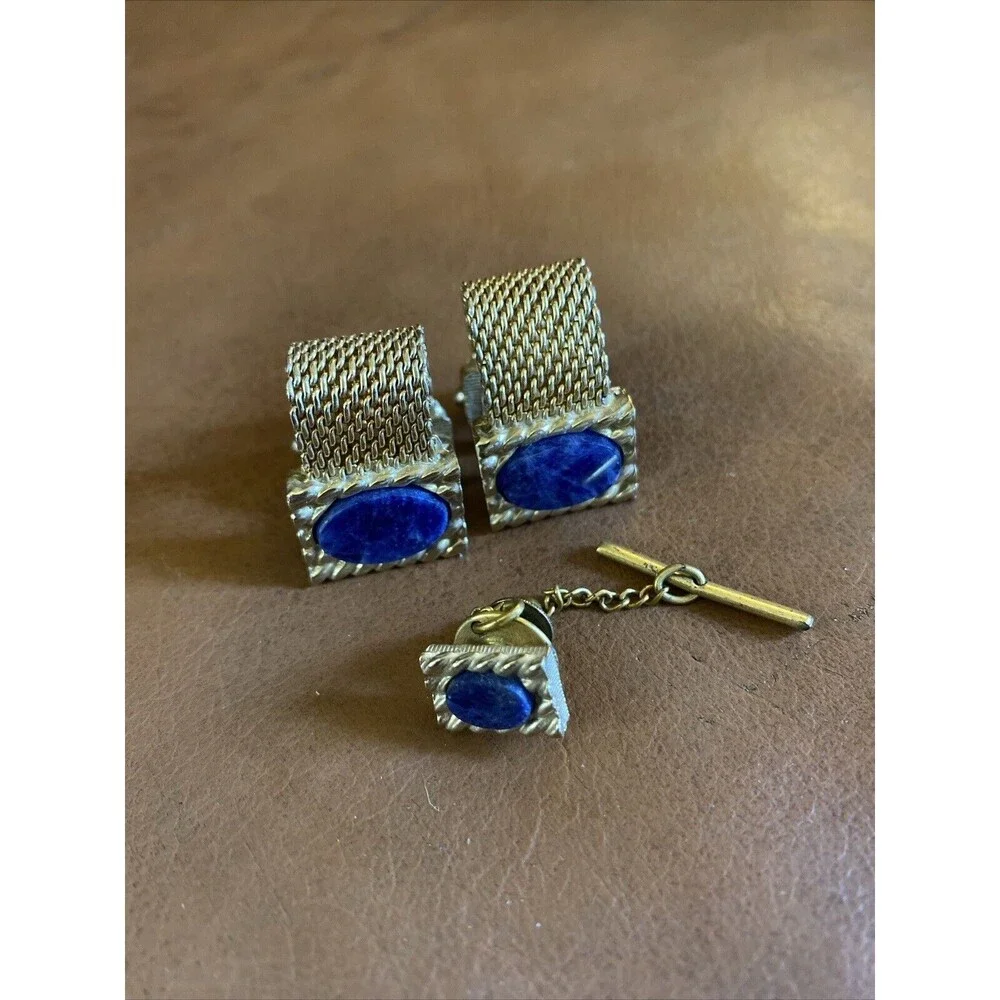 VTG Gold Tone Lapis Lazuli  Cufflinks &  Tie Tack Set Mesh Chain Estate